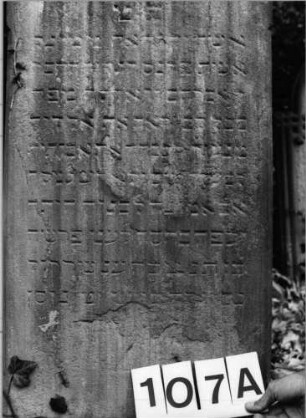 Grabstein 107 (Index: 100091015) Material: Sandstein Zustand: stark abgeblättert/Textverlust Maße HxBxT: 152x60x34 cm Beschreibung: Stele auf gestuftem Sockel mit abgesetztem Dreiecksgiebel: Grabstein 107A