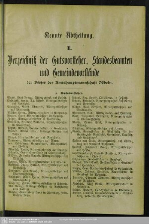 Neunte Abteilung. Verzeichnis der Gutsvorsteher, Standesbeamten und Gemeindevorstände der Dörfer der Amtshauptmannschaft Döbeln