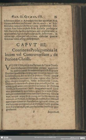 Caput III. Continens Prolegomena in locum vel Controversiam, de Persona Christi
