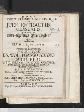 Disputatio Juridica Inauguralis, De Jure Retractus Censualis, Germanice: Zins-Losungs-Gerechtigkeit