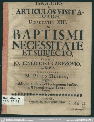 Isagoges in articulos visitatorios disputatio XIII. de baptismi necessitate et subjecto