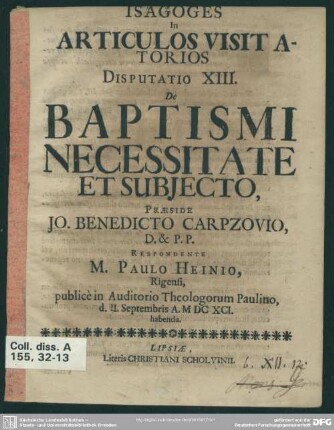 Isagoges in articulos visitatorios disputatio XIII. de baptismi necessitate et subjecto