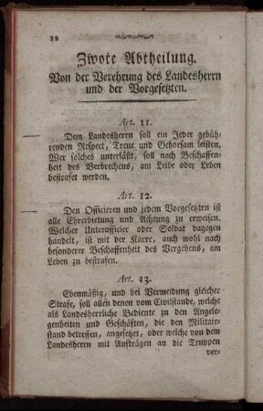 Zwote Abtheilung. Von der Verehrung des Landesherrn und der Vorgesetzten.
