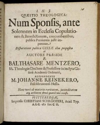 Quæstio Theologica: Num Sponsis, ante Solennem in Ecclesia Copulationem & Benedictionem, concumbentibus publica Pœnitentia iuste imponatur?