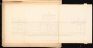 Akademie der Künste Schinkelwettbewerb 1855: Aufriss Vorderansicht (von Unter den Linden); Maßstabsleiste, Erläuterungstext