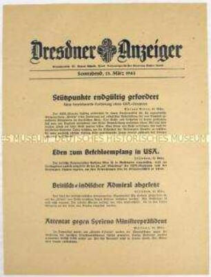 Nachrichtenblatt "Dresdner Anzeiger" u.a. zum amerikanisch-britischen Verhältnis