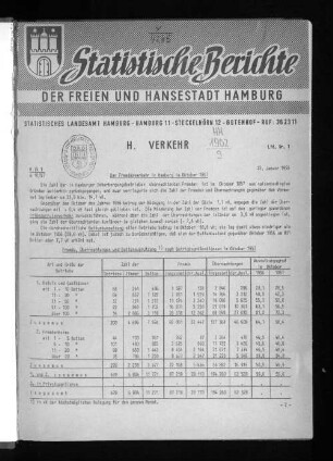 Der Fremdenverkehr in Hamburg im Oktober 1957 : Lfd. Nr. 1