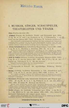 I. Musiker, Sänger, Schauspieler, Theaterleiter und Tänzer (Nr. 1-299)