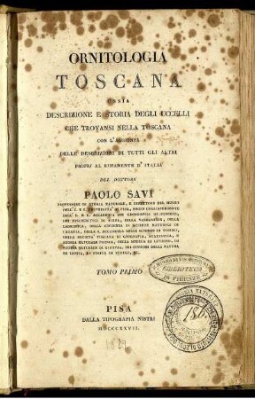 Tomo Primo: Ornitologia Toscana. Tomo Primo