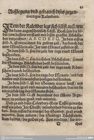 Außlegung und gebrauch dieses gegenwertigen Kalenders.