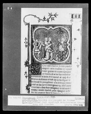 Grandes Chroniques de France — Kaisers Karl empfängt eine Abordnung Sarazener mit Kamelen, Folio fol. 121