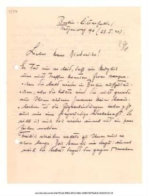 Brief von Adolf Spamer an Niels Diederichs 23.01.1940