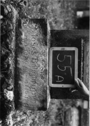 Grabstein 55 (Index: 100090786) Material: Sandstein Zustand: Schriftplatte fehlt, Sockel verwittert Maße HxBxT: 163x61x26 cm Beschreibung: Stele, Sockel, Abdeckplatte mit Palmettenaufsatz, Schriftfeld rechteckig: Grabstein 55A