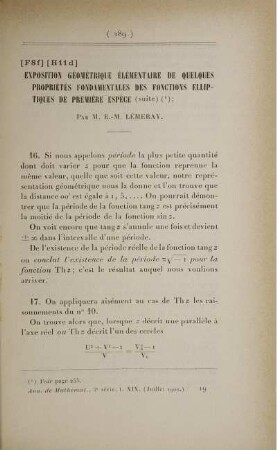 [F8 f] [H11 d] Exposition géométrique élémentaire de quelques propriétés fondamentales des fonctions elliptiques de première espèce (suite) (¹).