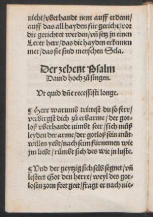 Der zehent Psalm || Dauid/ hoch zu° singen. || Vt quid d[omi]ne recessisti longe. ||