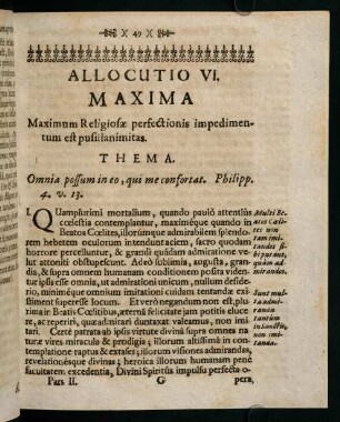 49-56, Allocutio VI. Maxima. Maximum Religiosae perfectionis impedimentum est pusillanimitas