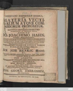 Dissertatio Inauguralis Juridica, Qva Materia Vectigalium Atqve Commissorum Proponitur