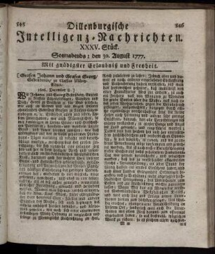 XXXV. Stück. Sonnabends: den 30. August 1777.