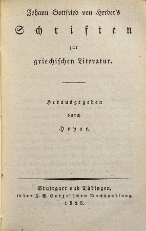 Johann Gottfried von Herder's Schriften zur griechischen Literatur
