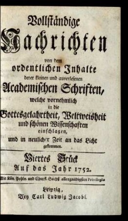 Viertes Stück. Auf das Jahr 1752