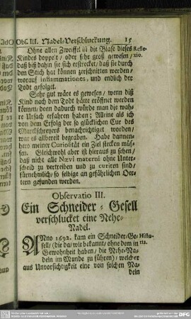 Observatio III. Ein Schneider-Gesell verschlucket eine Nehe-Nadel