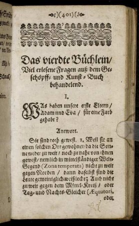 Das vierdte Büchlein, Viel erlesene Fragen auß dem Geschöpff- und Kunst-Buch behandelnd