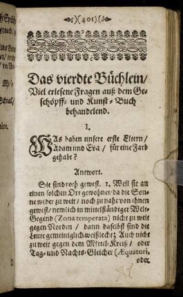 Das vierdte Büchlein, Viel erlesene Fragen auß dem Geschöpff- und Kunst-Buch behandelnd