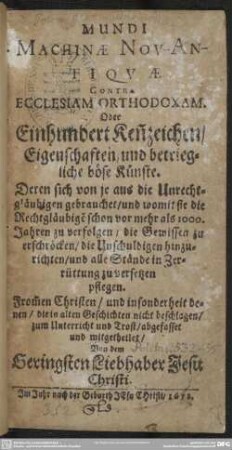 Mundi machinae nov-antiquae, oder 100 Kennzeichen der Ungläubigen