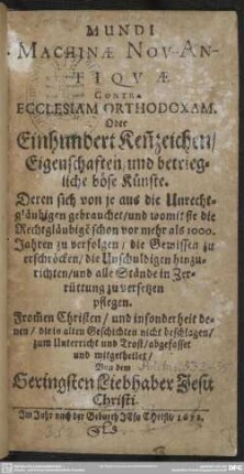 Mundi machinae nov-antiquae, oder 100 Kennzeichen der Ungläubigen
