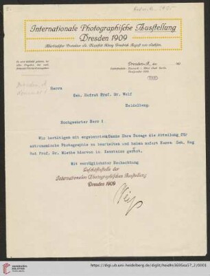 Brief von Internationale Photographische Ausstellung Dresden an Max Wolf: Brief von Internationale Photographische Ausstellung (Dresden) an Max Wolf