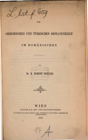 Die griechischen und türkischen Bestandtheile im Romänischen