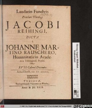 Laudatio Funebris Praeclari Theologi Jacobi Reihingi