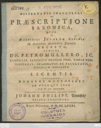 Dissertatio Inauguralis De Praescriptione Saxonica