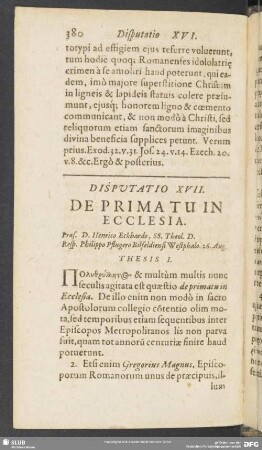 Disputatio XVII. De Primatu In Ecclesia