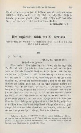 299-317 Vier ungedruckte Briefe von Cl. Brentano : Fortsetzung