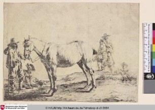 [Ein Mann hält ein Pferd an den Zügeln; Man Holding a Horse by the Bridle; Un paysan tient un cheval par la bride]
