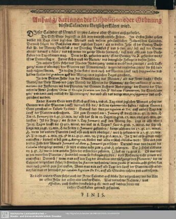 Anhang, darinnen die Disposition oder Ordnung dieses Calenders kürzlich erkläret wird
