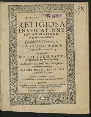 Synopsis Doctrinae De Religiosa Invocatione Seu Adoratione, & gratiarum actione