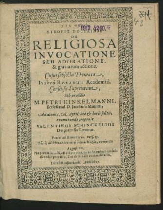 Synopsis Doctrinae De Religiosa Invocatione Seu Adoratione, & gratiarum actione