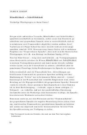 Mündlichkeit - Schriftlichkeit : vorläufige Überlegungen zu ihrem Status