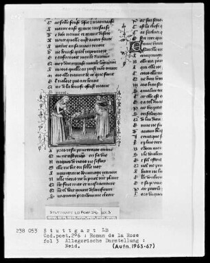 Guillaume de Lorris und Jean de Meun, Roman de la Rose sowie Le Testament und le Codicile von Jean de Meun — Der Neid, Folio 3recto