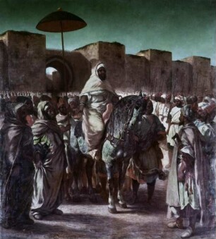Muley-Abd-Err-Rahmann, Sultan von Marokko, verläßt seinen Palast in Meknès, umgeben von seiner Garde und seinen wichtigsten Offizieren