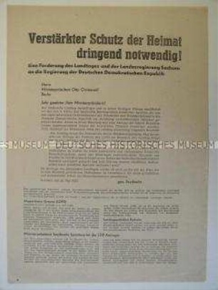 Flugschrift mit der Forderung des Landesregierung Sachsen an die DDR-Regierung nach energischen Maßnahmen gegen die Tätigkeit westlicher Agenten und Saboteure