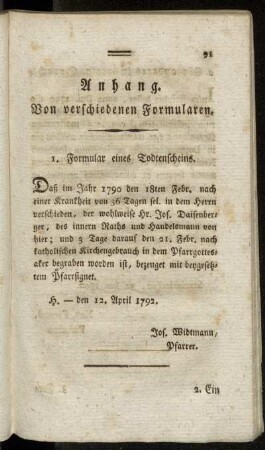 Anhang. Von verschiedenen Formularen.