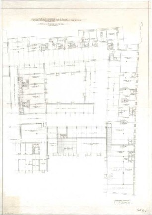 Gsaenger, Gustav; München, Theatinerstr.; Bayerisches Kultusministerium, Erweiterung - Erweiterungsbau, Bauentwurf (Grundriss Keller)