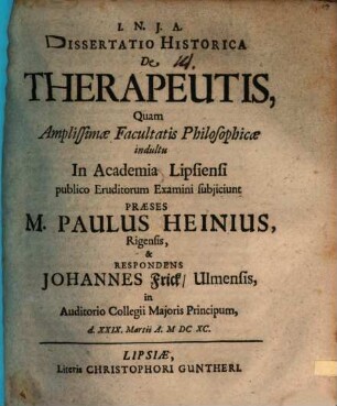 Dissertatio Historica De Therapeutis