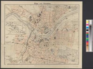 Stadtplan von Dresden, 1:12 500, Lithographie, um 1890 : Plan von Dresden. - 1:12 500. - Berlin : Goldschmidt , [um 1890]. - 1 Kt. : mehrfarb. ; 46 x 37 cm, gefaltet. - -Lithographie : L. Kraatz. - Mit Suchnetz u. Umgebungskt.