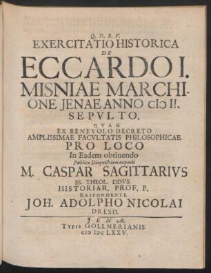 Exercitatio Historica De Eccardo I. Misniae Marchione Ienae Anno MII. Sepulto