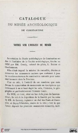 Catalogue du Musée Archéologique de Constantine: Notice sur l'origine du musée
