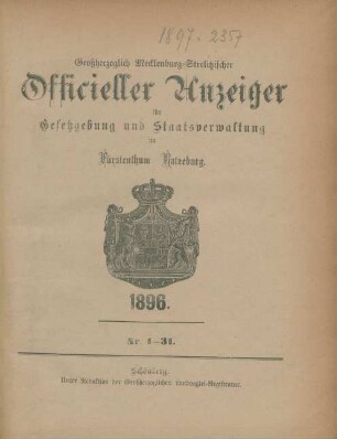 1896: Großherzoglich-Mecklenburg-Strelitzscher offizieller Anzeiger für Gesetzgebung und Staatsverwaltung im Fürstentum Ratzeburg